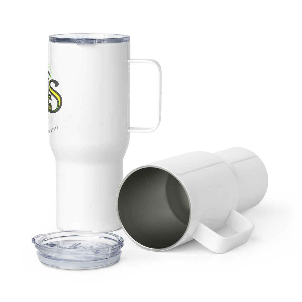 A Smoking Good Time Travel mug with a handle