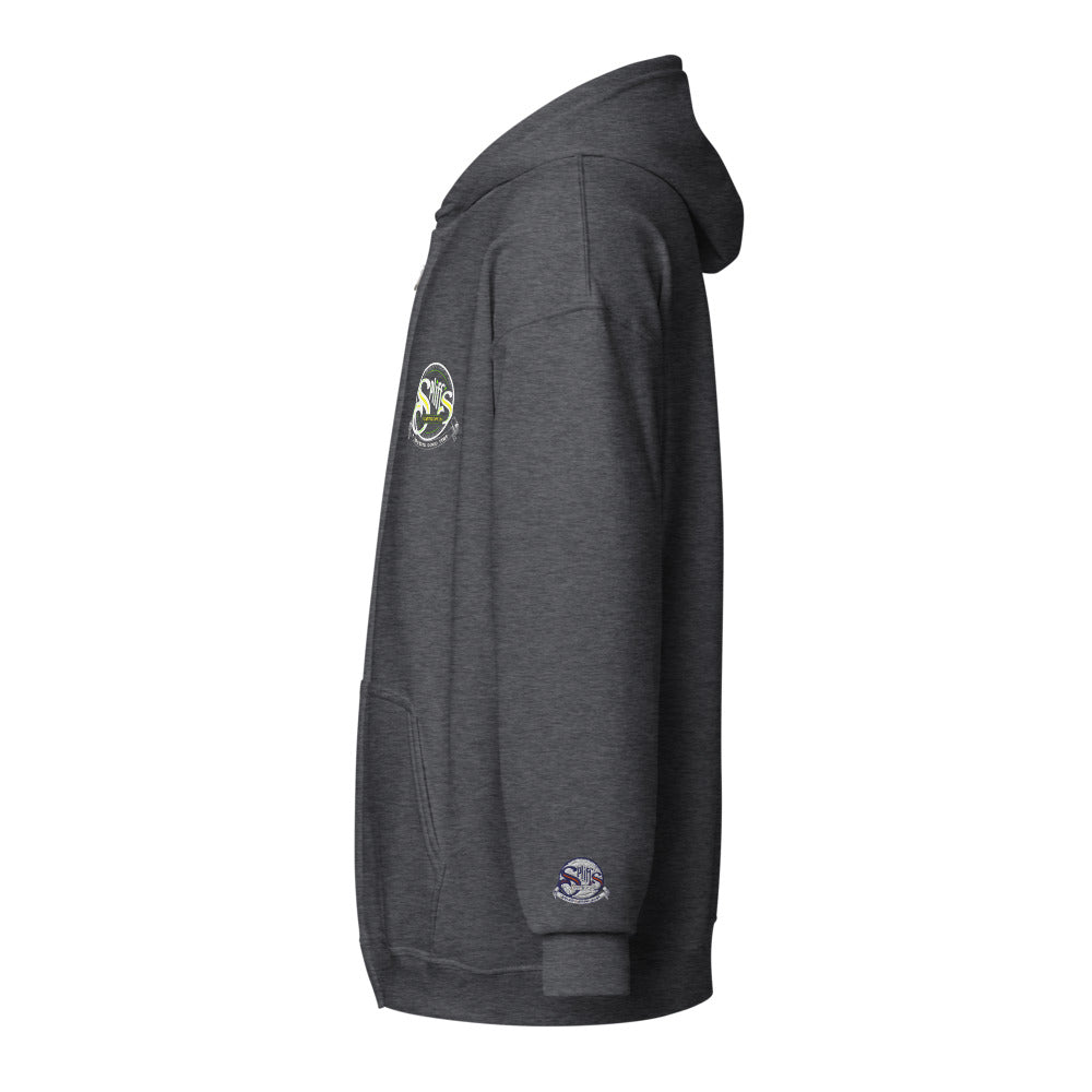 A Smoking Good Time Unisex Zip Hoodie - Dark Heather (cuff embroidery)