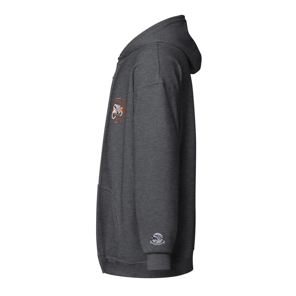 Double Banner Logo Unisex Zip Hoodie - Dark Heather (cuff embroidery)